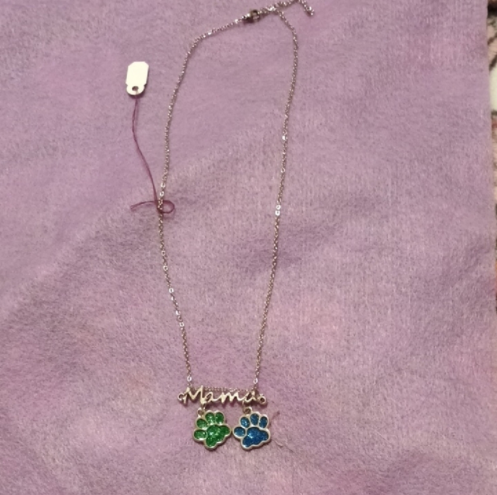 Mama Necklace with Green and Blue Paw Prints